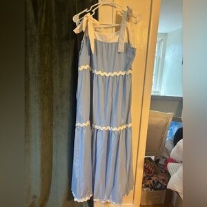 Light Blue Maxi Dress with White Trim - Tie Shoulder Summer Dress
